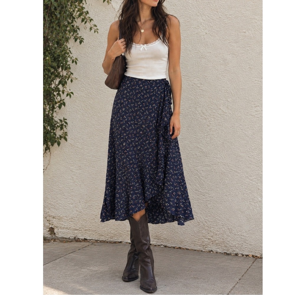 Madewell Ditsy Floral Asymmetrical Ruffle Midi Skirt 0 Blue 90s Romantic Cottage